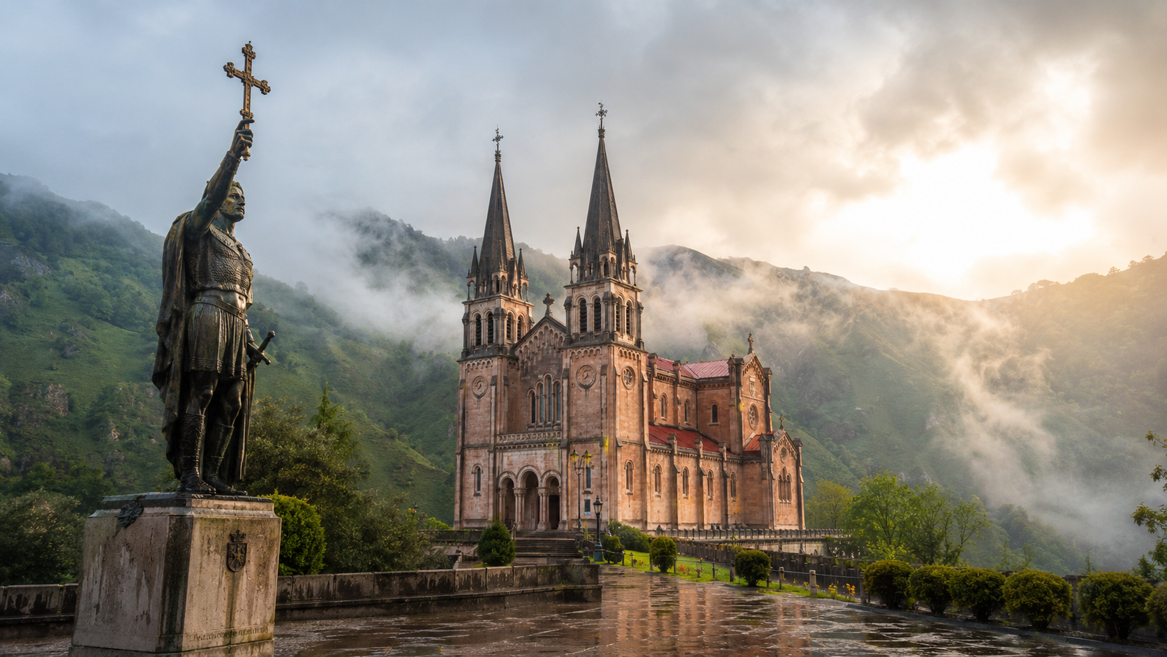 Representación de Don Pelayo y la Basilica de Covadonga