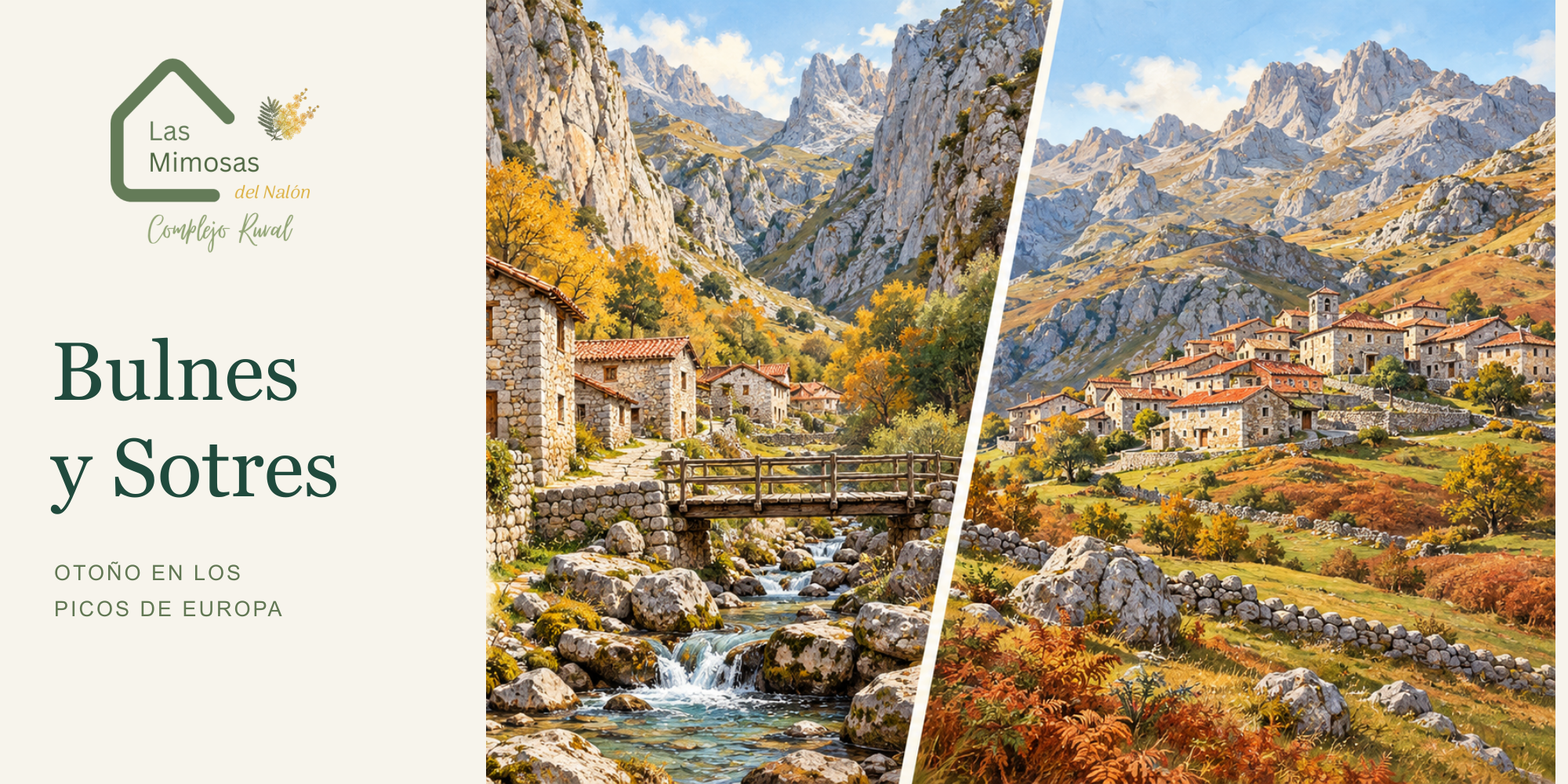 Ilustración de Bulnes y Sotres en otoño, con el logo de Las Mimosas del Nalón