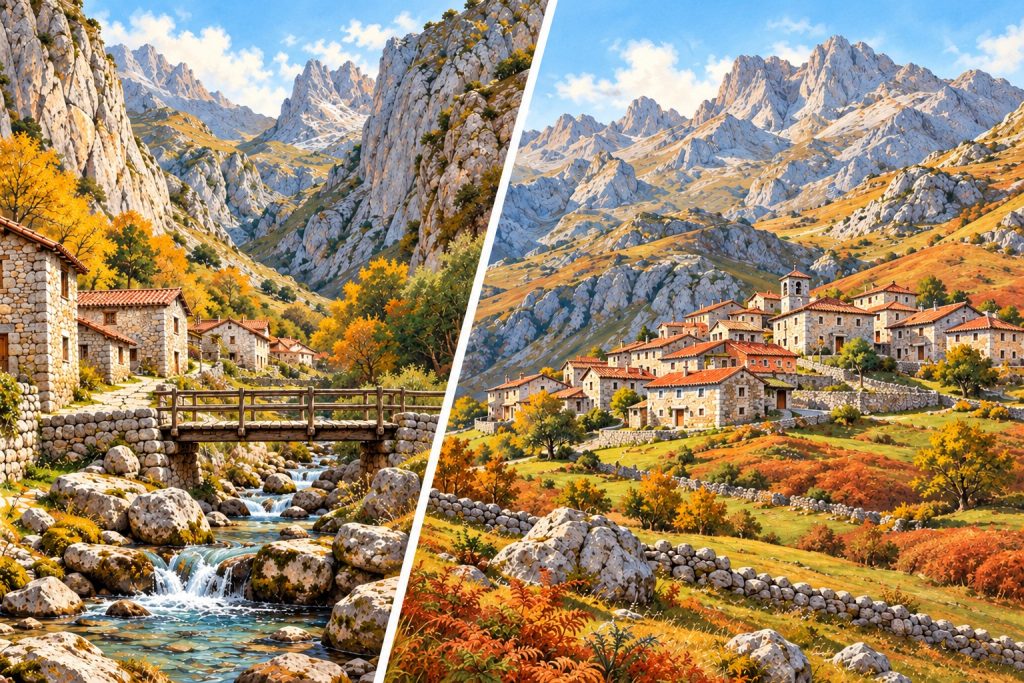 Ilustración de los paisajes de Bulnes y Sotres en otoño, con pueblos de piedra y montañas de los Picos de Europa