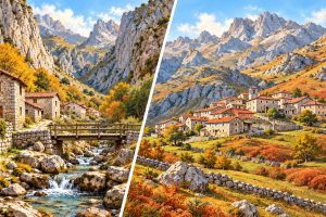Ilustración de los paisajes de Bulnes y Sotres en otoño, con pueblos de piedra y montañas de los Picos de Europa