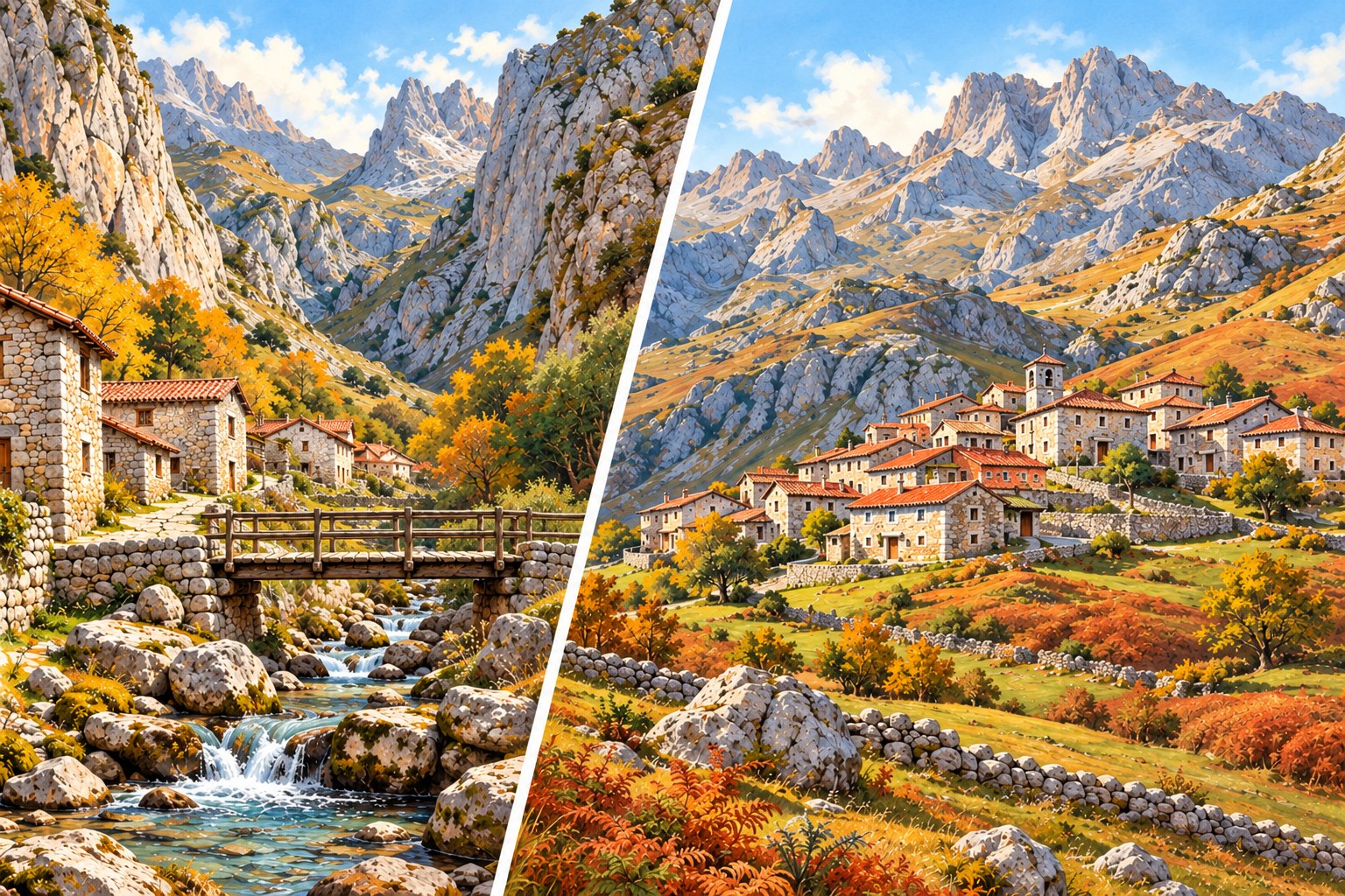 Ilustración de los paisajes de Bulnes y Sotres en otoño, con pueblos de piedra y montañas de los Picos de Europa